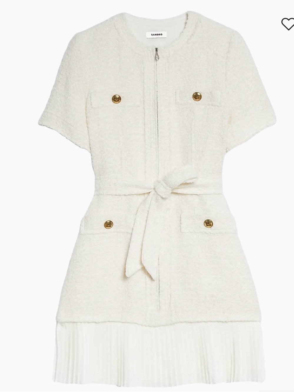 Sandro Ivory Tweed Belted Short-Sleeve Dress with Gold Buttons
